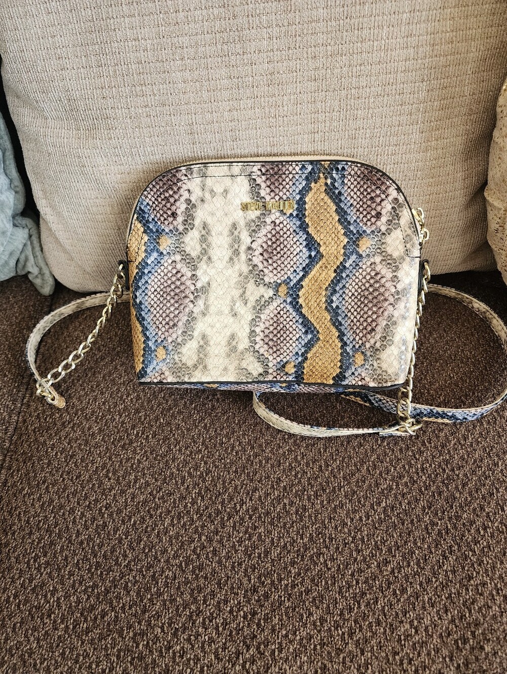 Steve Madden Snake-Print Crossbody in Cream, Blue, Tan